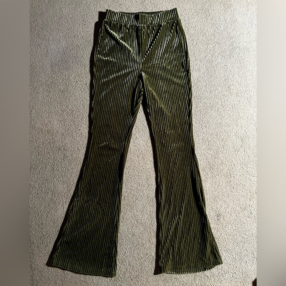 Green Ribbed Velvet Flare Pants